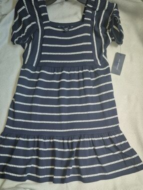 Tommy Hilfiger Navy and White Striped Square Neck Kids Dress